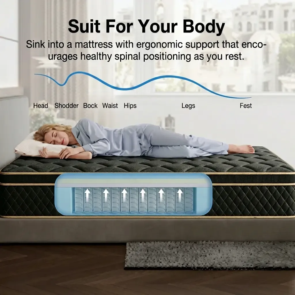 Colchón híbrido de espuma viscoelástica y resortes de 10, 12 o 14 pulgadas, firmeza media, soporte lumbar ergonómico, disponible en tamaños Individual, Matrimonial, Queen y King, empacado al vacío