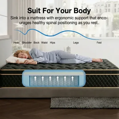 Colchón híbrido de espuma viscoelástica y resortes de 10, 12 o 14 pulgadas, firmeza media, soporte lumbar ergonómico, disponible en tamaños Individual, Matrimonial, Queen y King, empacado al vacío