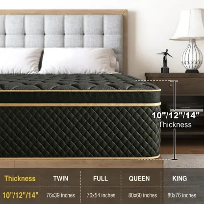 Colchón híbrido de espuma viscoelástica y resortes de 10, 12 o 14 pulgadas, firmeza media, soporte lumbar ergonómico, disponible en tamaños Individual, Matrimonial, Queen y King, empacado al vacío