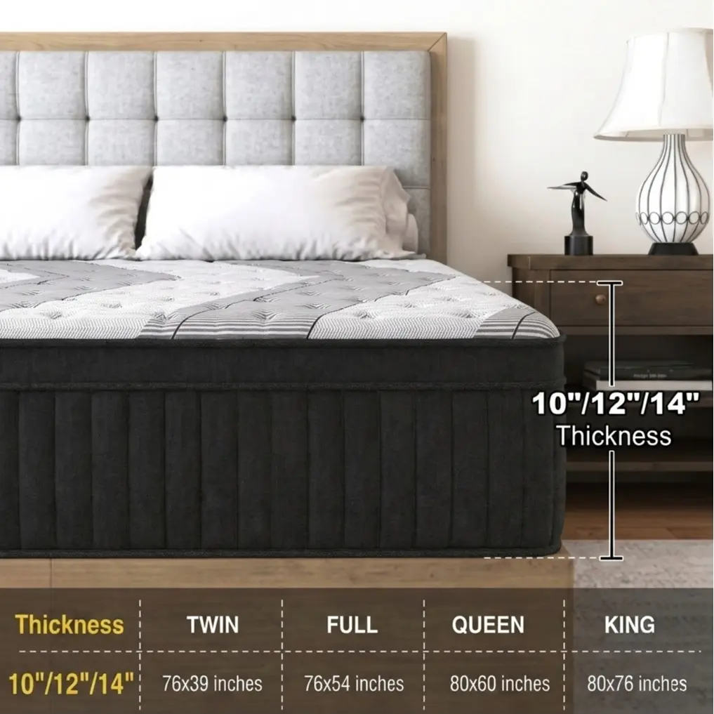 Colchón híbrido de espuma viscoelástica y resortes de 10, 12 o 14 pulgadas, firmeza media, soporte lumbar ergonómico, disponible en tamaños Individual, Matrimonial, Queen y King, empacado al vacío