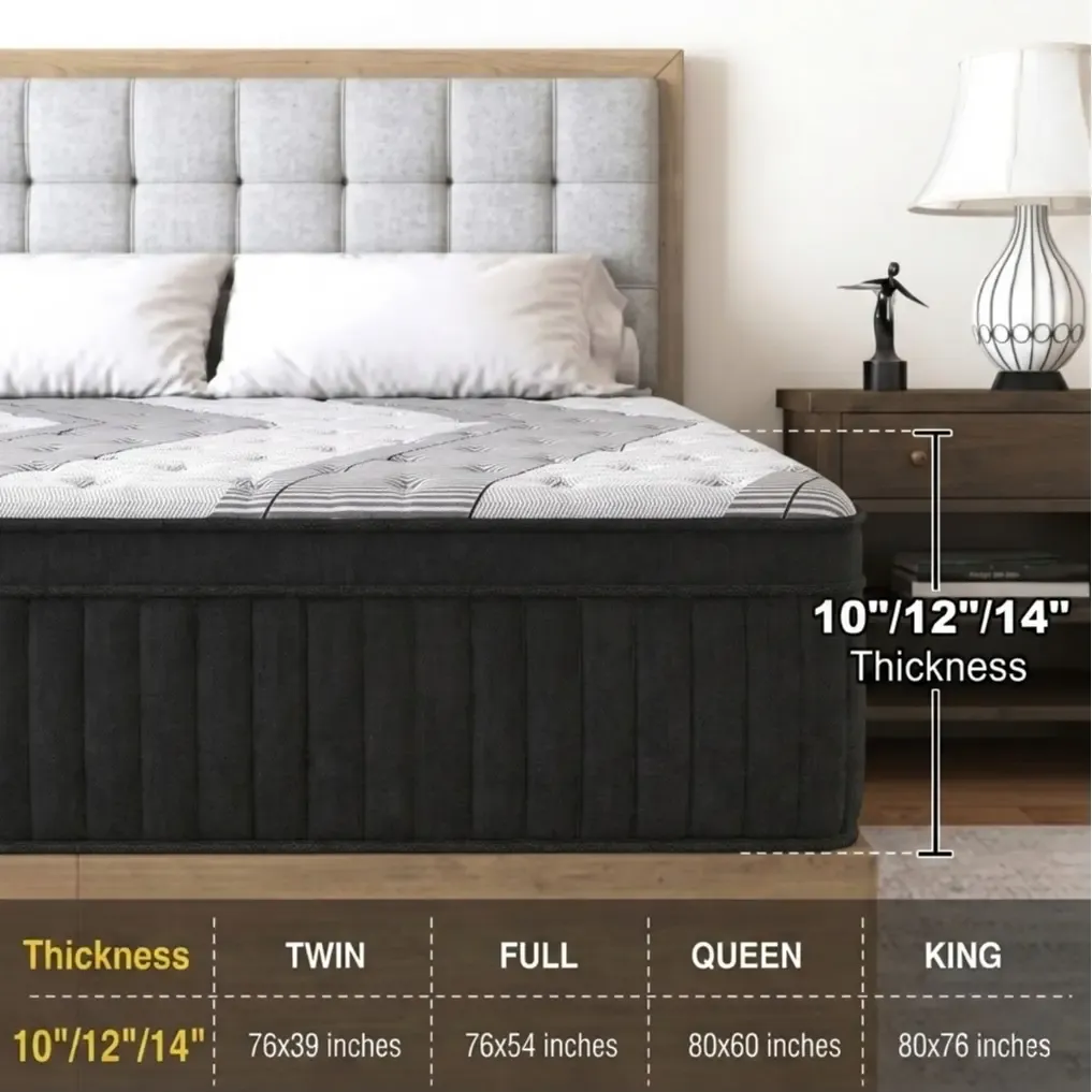 Colchón híbrido de espuma viscoelástica y resortes de 10, 12 o 14 pulgadas, firmeza media, soporte lumbar ergonómico, disponible en tamaños Individual, Matrimonial, Queen y King, empacado al vacío