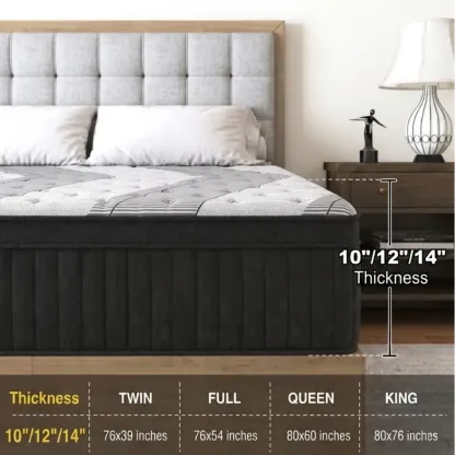 Colchón híbrido de espuma viscoelástica y resortes de 10, 12 o 14 pulgadas, firmeza media, soporte lumbar ergonómico, disponible en tamaños Individual, Matrimonial, Queen y King, empacado al vacío