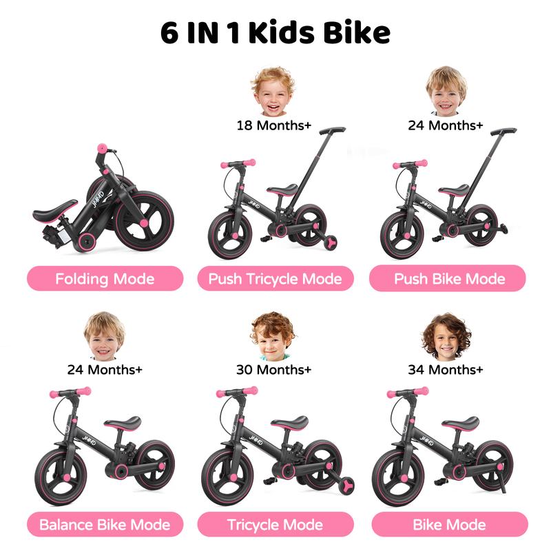 Bicicleta infantil 6 en 1 para niños de 18-60 meses, con pedales, ruedas de apoyo y manija. Perfecta para regalo.