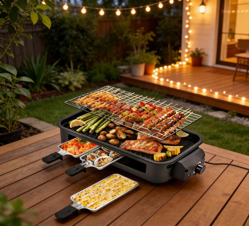 Parrilla eléctrica sin humo de 1500W, con placas antiadherentes removibles, control de temperatura ajustable, 4 mini sartenes para raclette, diseño compacto ideal para departamentos y fácil de limpiar.