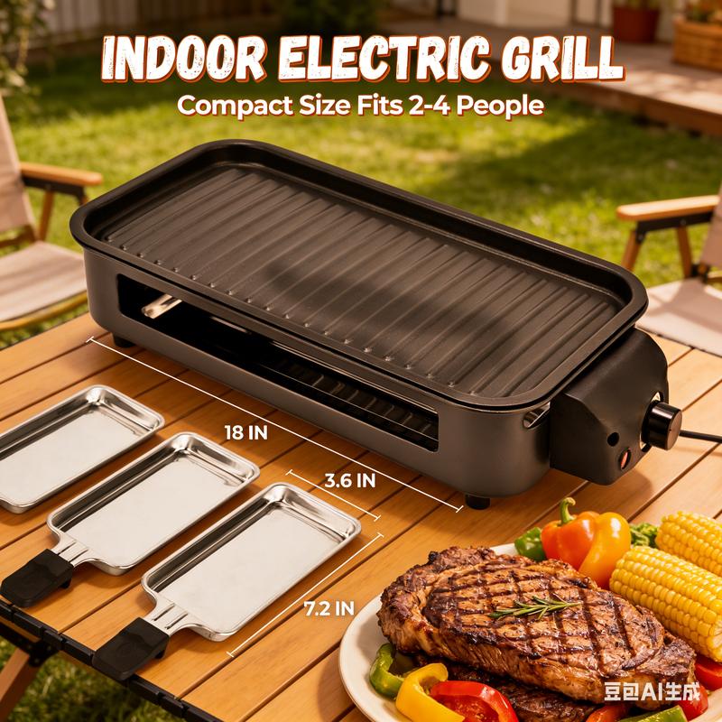 Parrilla eléctrica sin humo de 1500W, con placas antiadherentes removibles, control de temperatura ajustable, 4 mini sartenes para raclette, diseño compacto ideal para departamentos y fácil de limpiar.