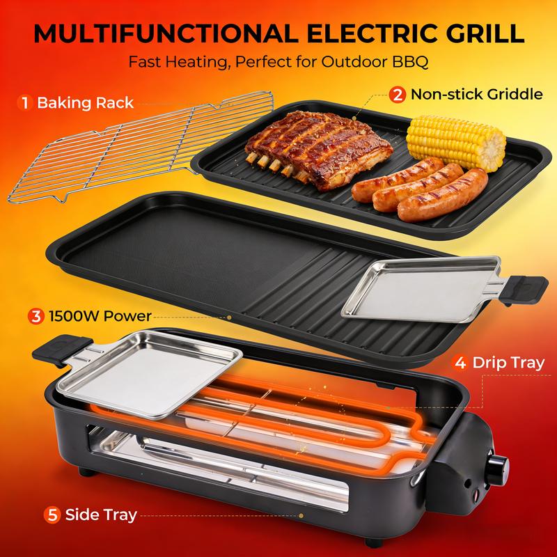 Parrilla eléctrica sin humo de 1500W, con placas antiadherentes removibles, control de temperatura ajustable, 4 mini sartenes para raclette, diseño compacto ideal para departamentos y fácil de limpiar.