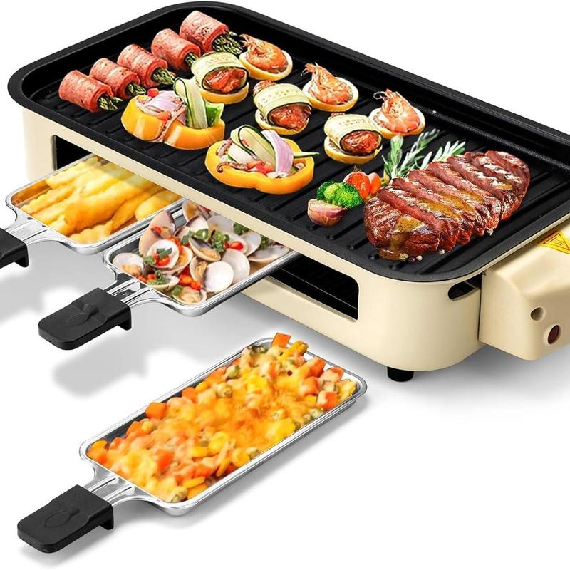 Parrilla eléctrica sin humo de 1500W, con placas antiadherentes removibles, control de temperatura ajustable, 4 mini sartenes para raclette, diseño compacto ideal para departamentos y fácil de limpiar.
