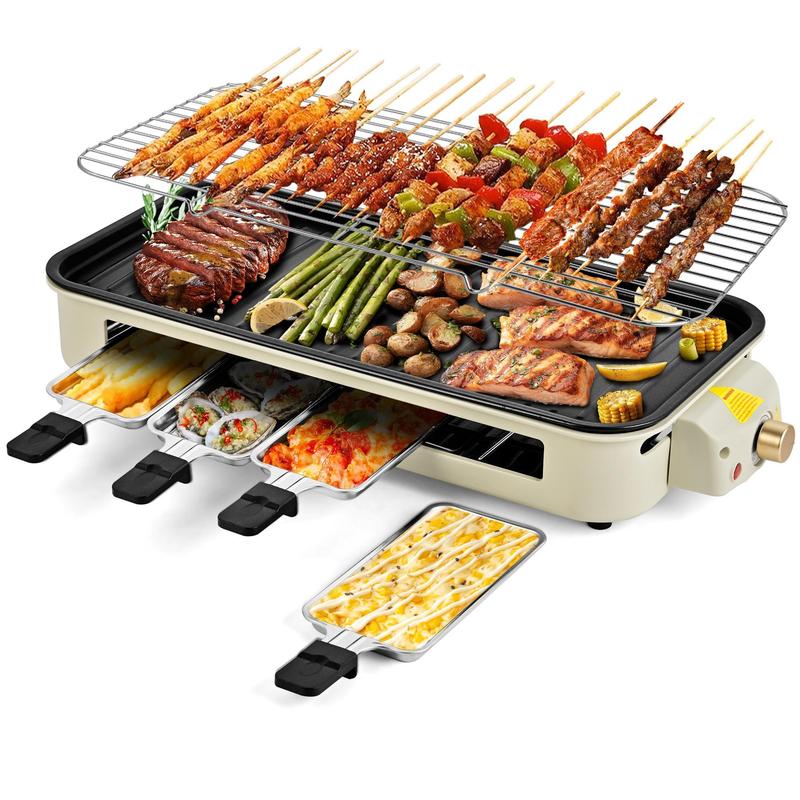 Parrilla eléctrica sin humo de 1500W, con placas antiadherentes removibles, control de temperatura ajustable, 4 mini sartenes para raclette, diseño compacto ideal para departamentos y fácil de limpiar.