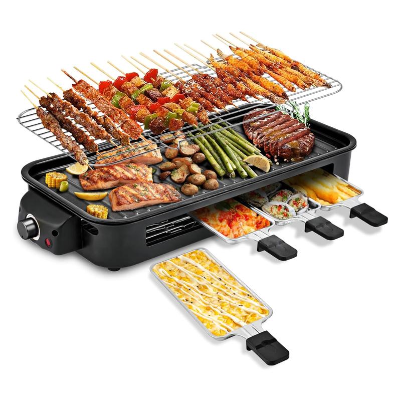 Parrilla eléctrica sin humo de 1500W, con placas antiadherentes removibles, control de temperatura ajustable, 4 mini sartenes para raclette, diseño compacto ideal para departamentos y fácil de limpiar.