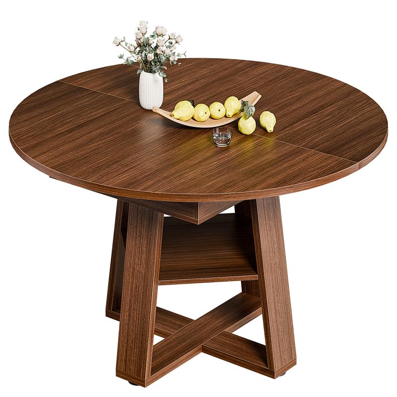 Mesa de comedor redonda extensible para 4 a 6 personas, con diseño ovalado moderno, base de madera, repisa de almacenamiento y estilo ahorrador de espacio, ideal para cocina y comedor.