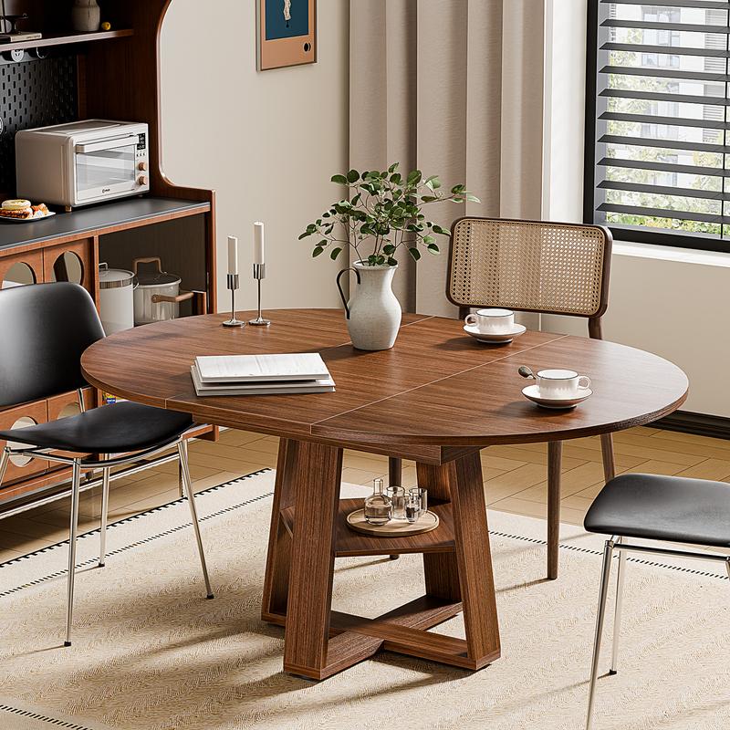 Mesa de comedor redonda extensible para 4 a 6 personas, con diseño ovalado moderno, base de madera, repisa de almacenamiento y estilo ahorrador de espacio, ideal para cocina y comedor.