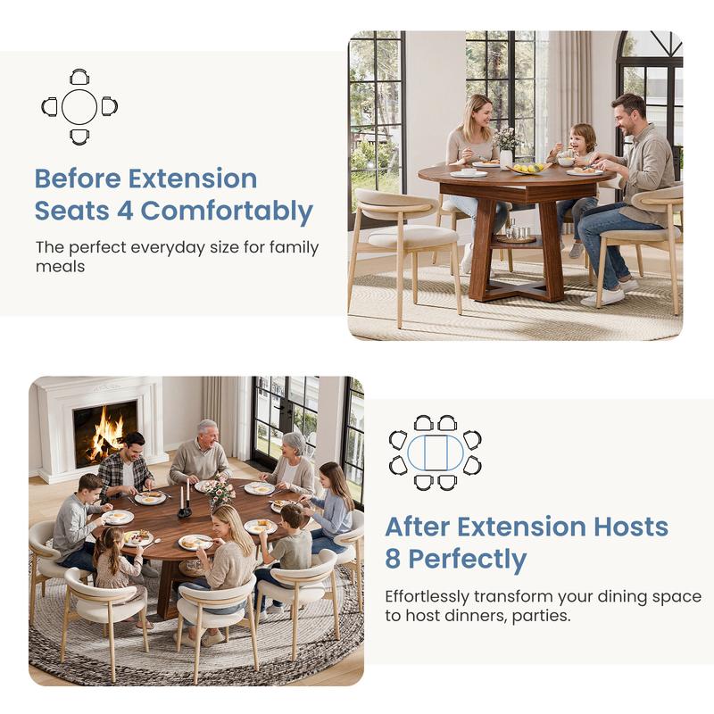 Mesa de comedor redonda extensible para 4 a 6 personas, con diseño ovalado moderno, base de madera, repisa de almacenamiento y estilo ahorrador de espacio, ideal para cocina y comedor.
