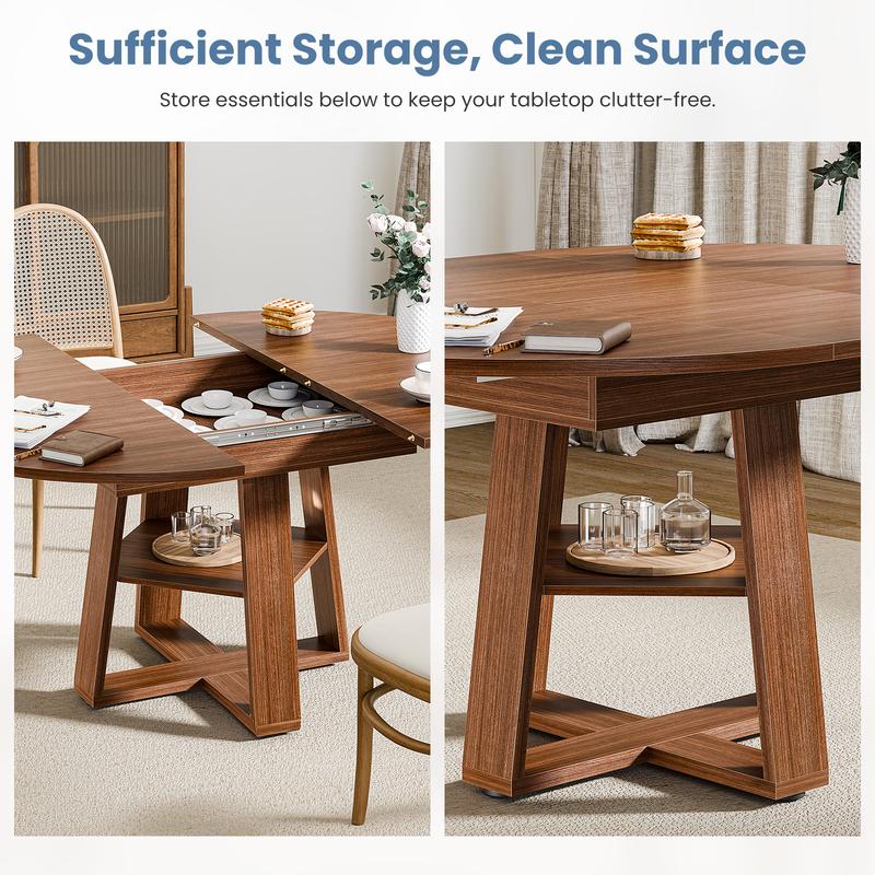 Mesa de comedor redonda extensible para 4 a 6 personas, con diseño ovalado moderno, base de madera, repisa de almacenamiento y estilo ahorrador de espacio, ideal para cocina y comedor.