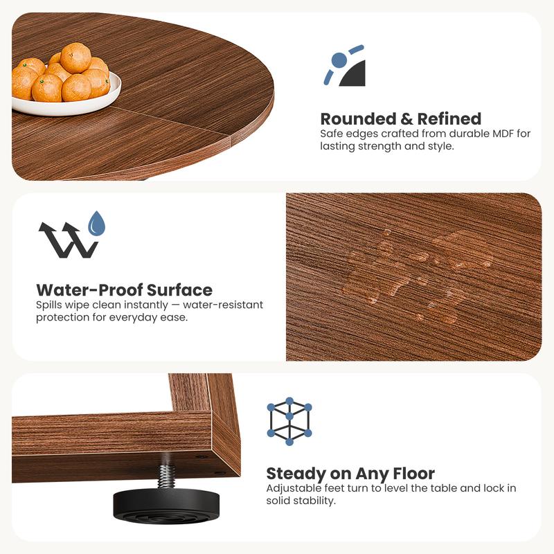 Mesa de comedor redonda extensible para 4 a 6 personas, con diseño ovalado moderno, base de madera, repisa de almacenamiento y estilo ahorrador de espacio, ideal para cocina y comedor.