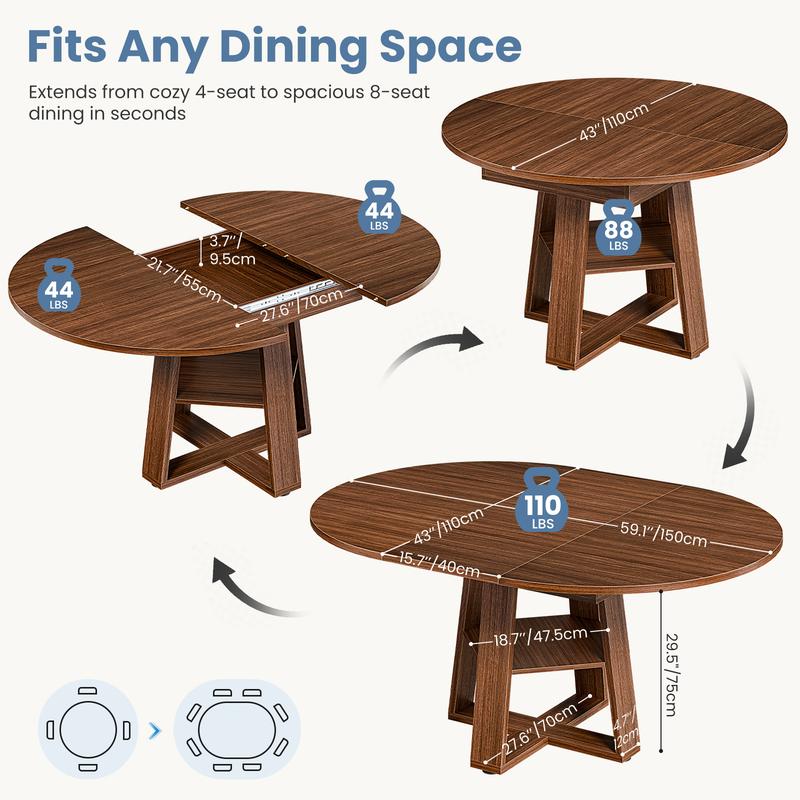 Mesa de comedor redonda extensible para 4 a 6 personas, con diseño ovalado moderno, base de madera, repisa de almacenamiento y estilo ahorrador de espacio, ideal para cocina y comedor.