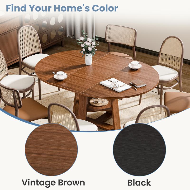 Mesa de comedor redonda extensible para 4 a 6 personas, con diseño ovalado moderno, base de madera, repisa de almacenamiento y estilo ahorrador de espacio, ideal para cocina y comedor.