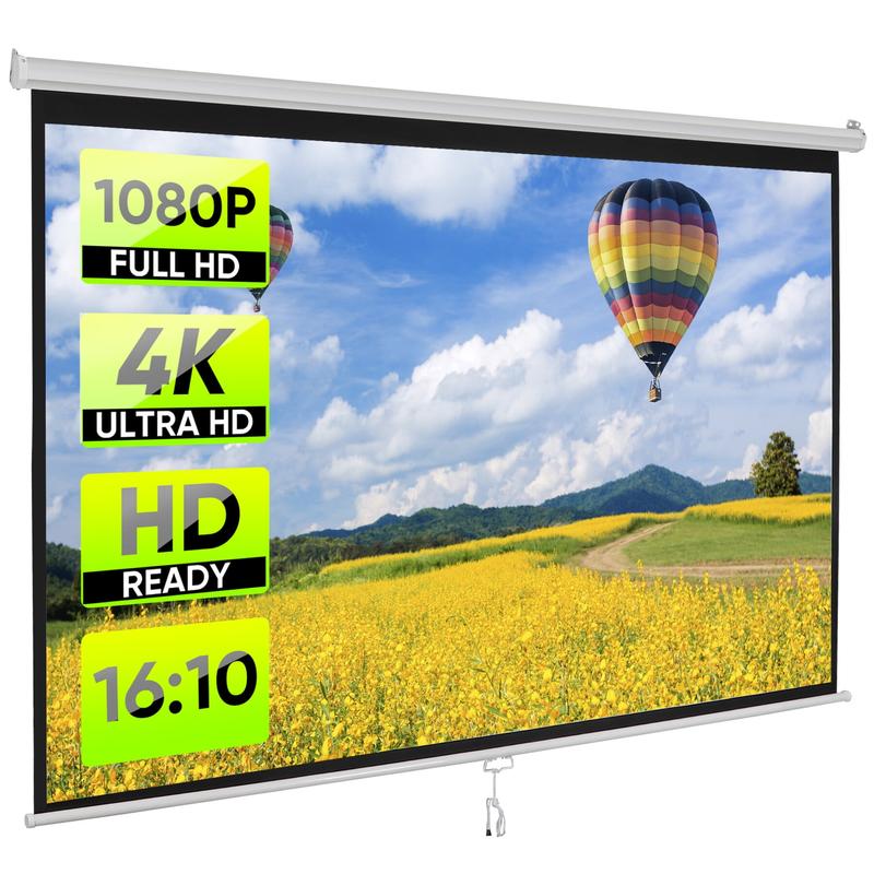 Pantalla de proyección para cine en casa de 80/100/120 pulgadas, formato 16:10 HD, control manual con sistema de autobloqueo, superficie blanca mate, ideal para cine en casa y proyección portátil en interiores o exteriores.