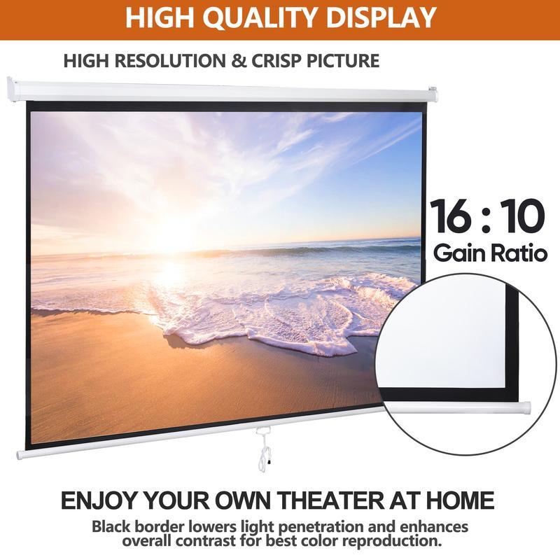Pantalla de proyección para cine en casa de 80/100/120 pulgadas, formato 16:10 HD, control manual con sistema de autobloqueo, superficie blanca mate, ideal para cine en casa y proyección portátil en interiores o exteriores.