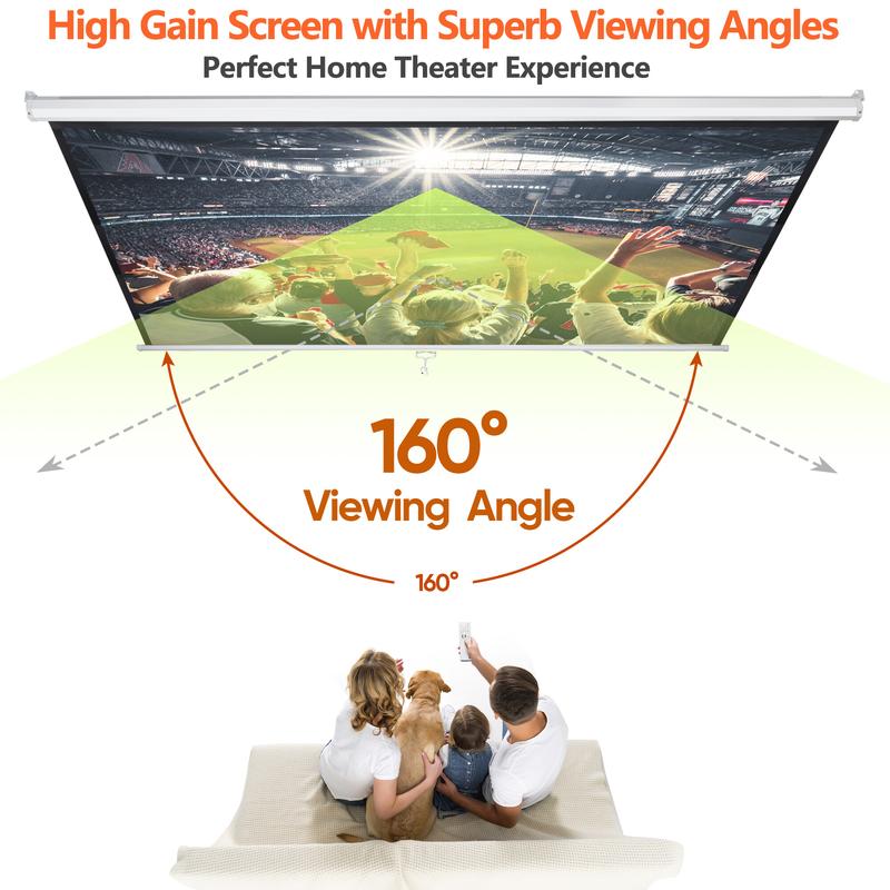 Pantalla de proyección para cine en casa de 80/100/120 pulgadas, formato 16:10 HD, control manual con sistema de autobloqueo, superficie blanca mate, ideal para cine en casa y proyección portátil en interiores o exteriores.