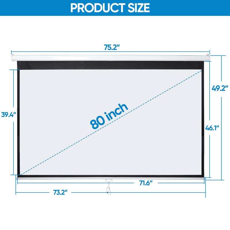 Pantalla de proyección para cine en casa de 80/100/120 pulgadas, formato 16:10 HD, control manual con sistema de autobloqueo, superficie blanca mate, ideal para cine en casa y proyección portátil en interiores o exteriores.