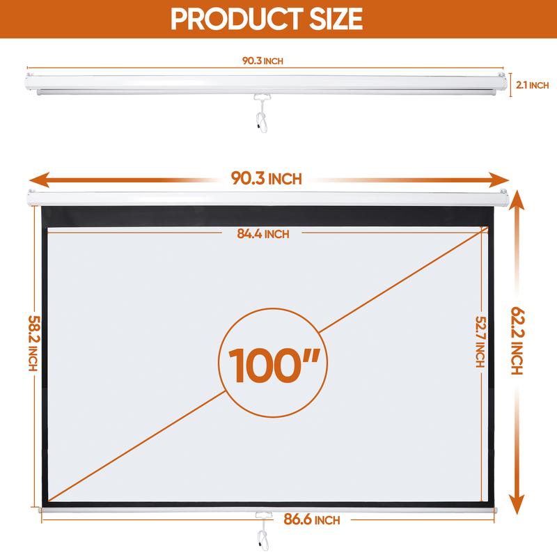 Pantalla de proyección para cine en casa de 80/100/120 pulgadas, formato 16:10 HD, control manual con sistema de autobloqueo, superficie blanca mate, ideal para cine en casa y proyección portátil en interiores o exteriores.