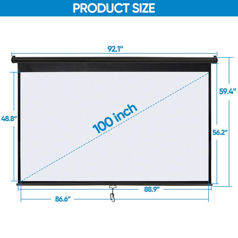 Pantalla de proyección para cine en casa de 80/100/120 pulgadas, formato 16:10 HD, control manual con sistema de autobloqueo, superficie blanca mate, ideal para cine en casa y proyección portátil en interiores o exteriores.