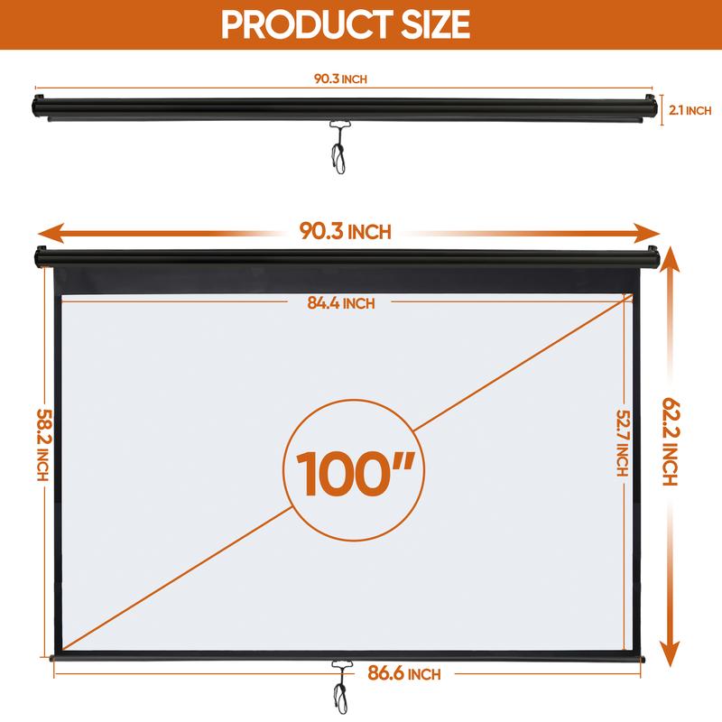 Pantalla de proyección para cine en casa de 80/100/120 pulgadas, formato 16:10 HD, control manual con sistema de autobloqueo, superficie blanca mate, ideal para cine en casa y proyección portátil en interiores o exteriores.
