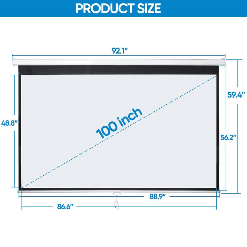 Pantalla de proyección para cine en casa de 80/100/120 pulgadas, formato 16:10 HD, control manual con sistema de autobloqueo, superficie blanca mate, ideal para cine en casa y proyección portátil en interiores o exteriores.