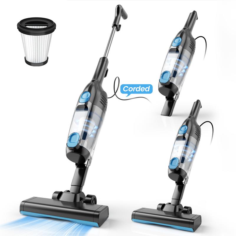 Aspiradora vertical con cable de 600W, succión de 15 kPa, diseño ultraligero y sin bolsa, se convierte en aspiradora de mano, ideal para pisos duros, pelo de mascotas, automóvil y limpieza del hogar.