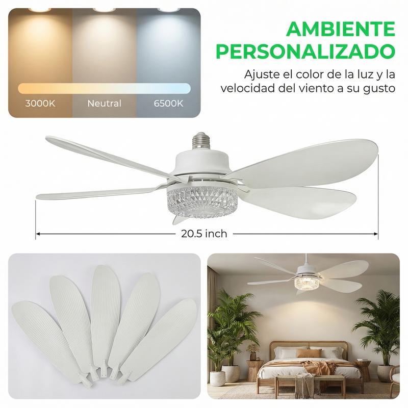 Ventilador de Techo con Luz LED Bentech, 5 Aspas de Madera, Bombilla Base E26, Control Remoto, 3 Tonos de Luz 3000K-6500K, Ventilador Lampara Regulable para Dormitorio Sala Cocina