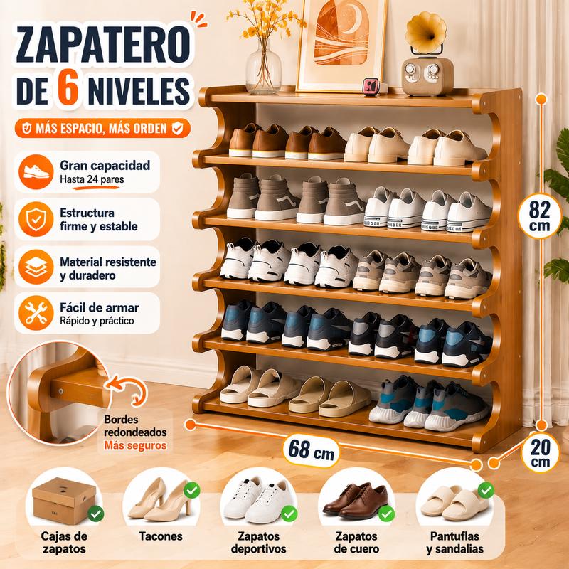 Zapatero Organizador Zapatos Bamboo 6 Niveles Almacenamiento 82x68x20cm