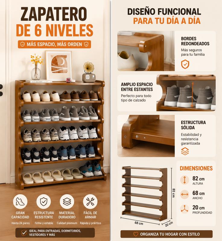 Zapatero Organizador Zapatos Bamboo 6 Niveles Almacenamiento 82x68x20cm