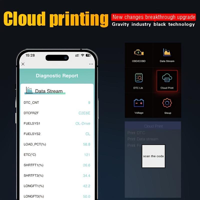 Escáner OBD2 profesional con datos en tiempo real, lector de códigos OBDII para diagnóstico del motor, revisión de luz Check Engine, impresión en la nube y modo de interfaz dual.