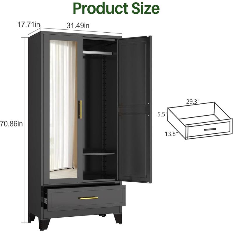 Clóset metálico de 71" con 2 cajones, espejo, barra para colgar y estantes ajustables, armario organizador de ropa para dormitorio.
