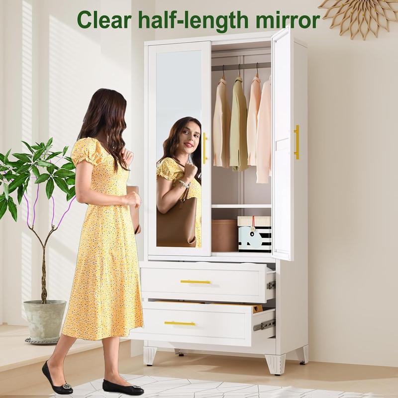 Clóset metálico de 71" con 2 cajones, espejo, barra para colgar y estantes ajustables, armario organizador de ropa para dormitorio.