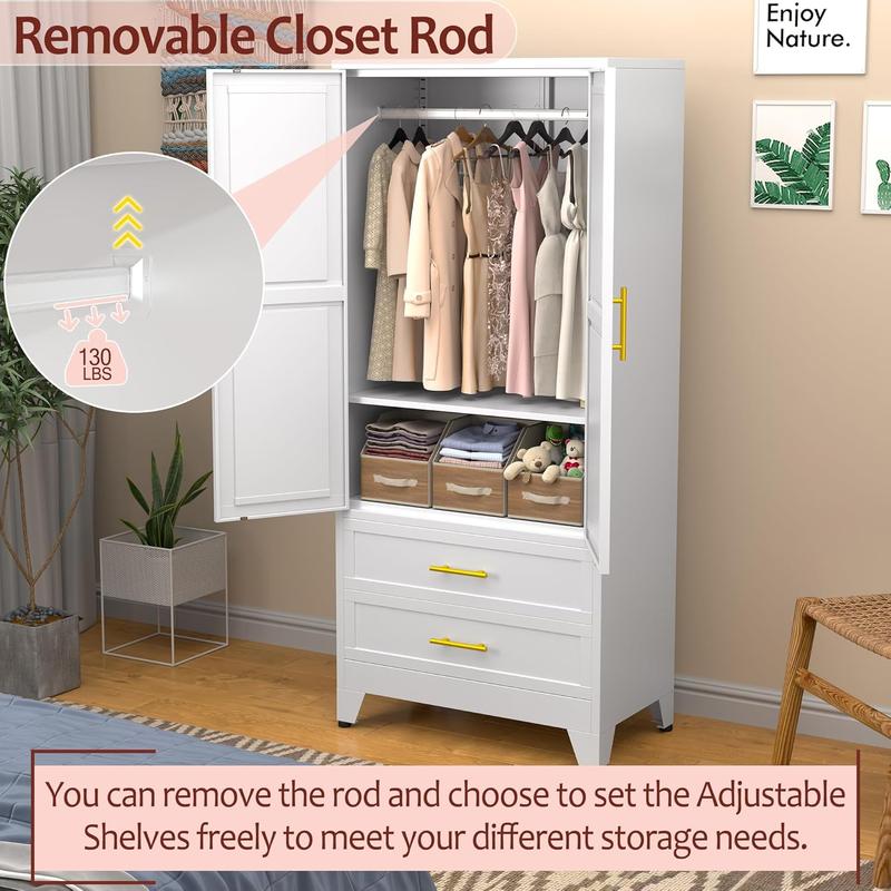 Clóset metálico de 71" con 2 cajones, espejo, barra para colgar y estantes ajustables, armario organizador de ropa para dormitorio.