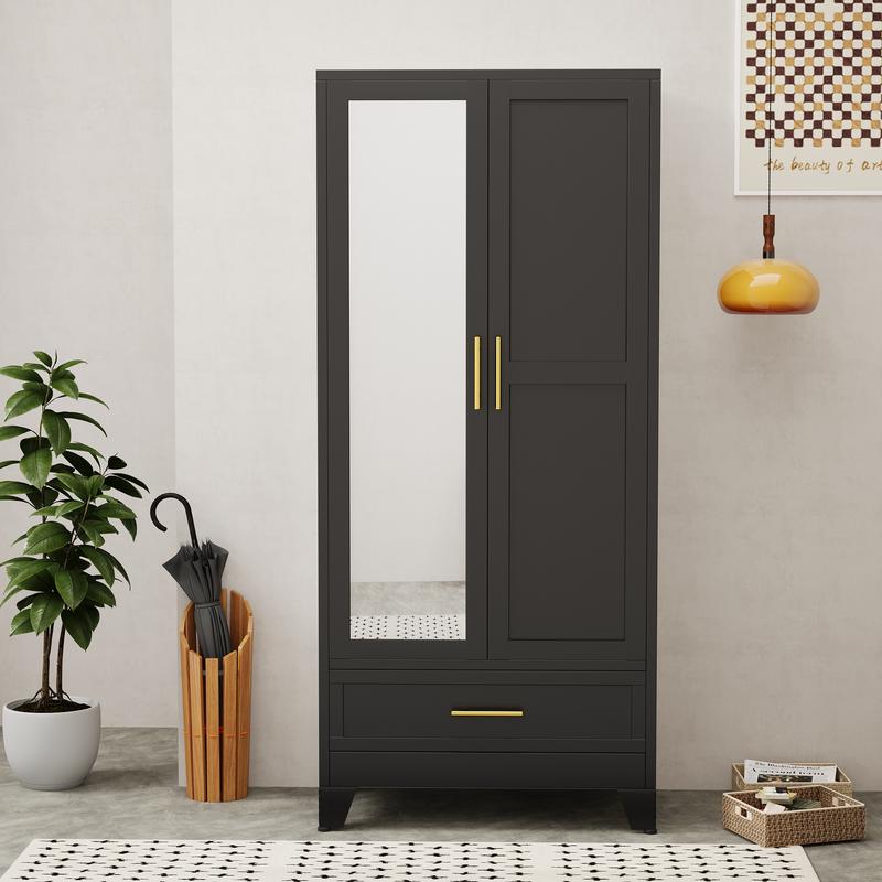 Clóset metálico de 71" con 2 cajones, espejo, barra para colgar y estantes ajustables, armario organizador de ropa para dormitorio.