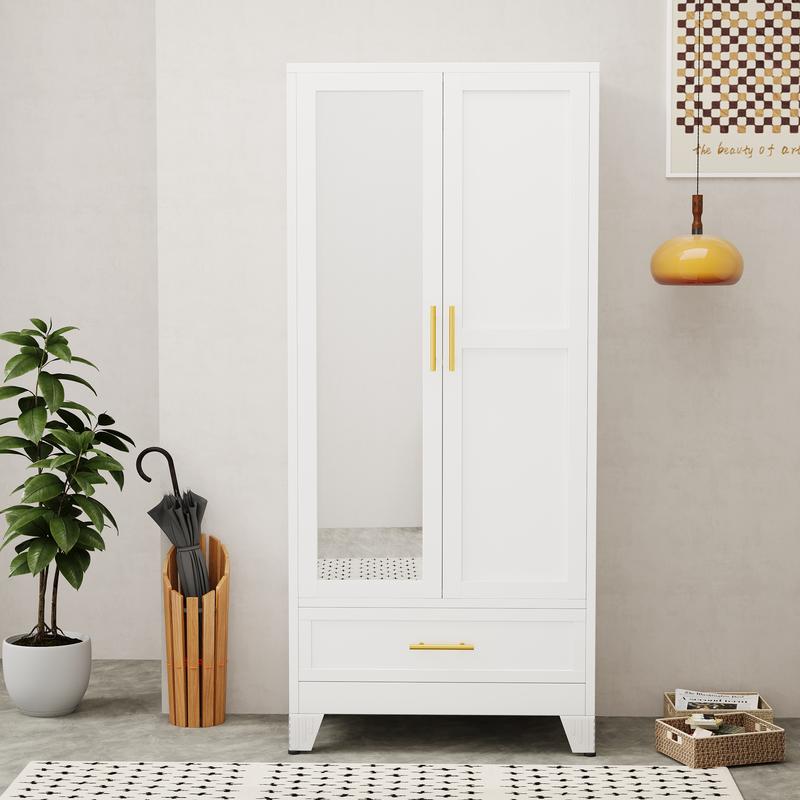 Clóset metálico de 71" con 2 cajones, espejo, barra para colgar y estantes ajustables, armario organizador de ropa para dormitorio.
