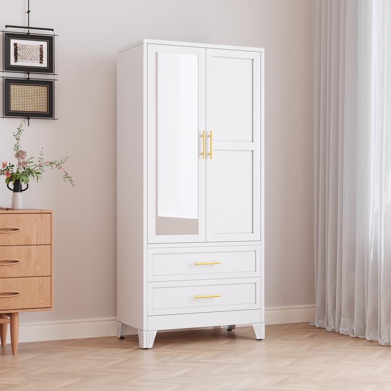 Clóset metálico de 71" con 2 cajones, espejo, barra para colgar y estantes ajustables, armario organizador de ropa para dormitorio.