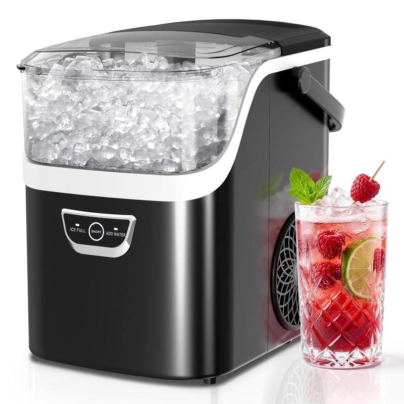 Máquina de hielo portátil de encimera con hielo tipo nugget suave y masticable, produce hasta 34 lb de hielo en 24 horas, lista en solo 5 minutos, función de autolimpieza, incluye pala y cesta para hielo, con alertas de nivel de agua y depósito lleno, ide