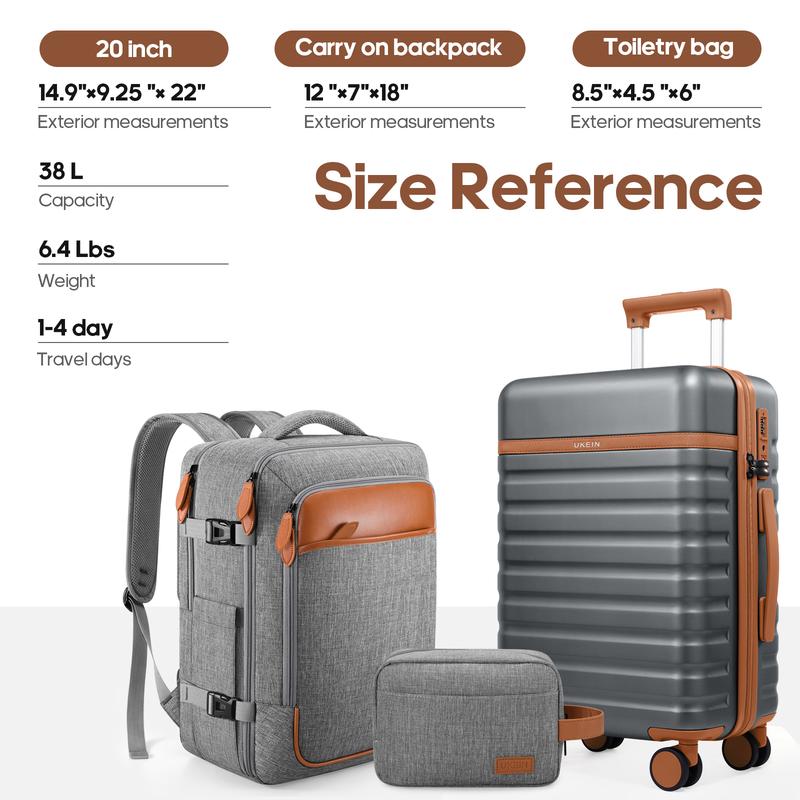 Juego de maletas de 3 piezas con maleta de cabina de 20", ruedas giratorias, carcasa rígida de policarbonato, cerradura TSA y mochila de viaje, resistente e ideal para hombre.