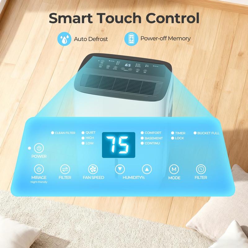 Deshumidificador para hogar y sótano de 150 Pint (máx.) / 50 Pint DOE, ideal para espacios de hasta 6500 pies². Cuenta con tanque de agua de 8 L, funcionamiento silencioso de 43 dB, manguera de drenaje, control inteligente de humedad, descongelación autom