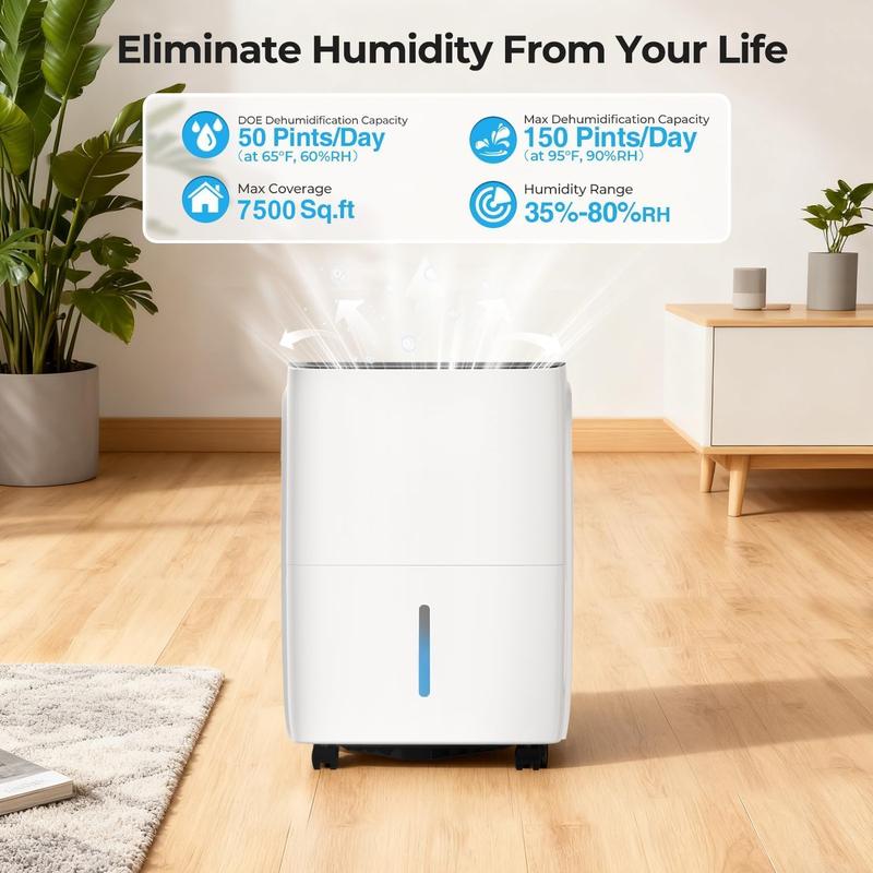 Deshumidificador para hogar y sótano de 150 Pint (máx.) / 50 Pint DOE, ideal para espacios de hasta 6500 pies². Cuenta con tanque de agua de 8 L, funcionamiento silencioso de 43 dB, manguera de drenaje, control inteligente de humedad, descongelación autom