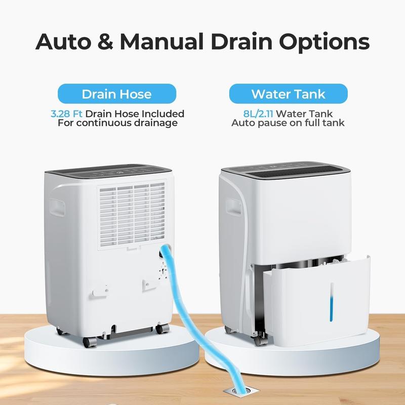 Deshumidificador para hogar y sótano de 150 Pint (máx.) / 50 Pint DOE, ideal para espacios de hasta 6500 pies². Cuenta con tanque de agua de 8 L, funcionamiento silencioso de 43 dB, manguera de drenaje, control inteligente de humedad, descongelación autom