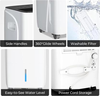Deshumidificador para hogar y sótano de 150 Pint (máx.) / 50 Pint DOE, ideal para espacios de hasta 6500 pies². Cuenta con tanque de agua de 8 L, funcionamiento silencioso de 43 dB, manguera de drenaje, control inteligente de humedad, descongelación autom