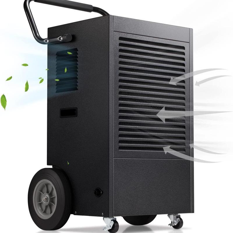 Deshumidificador para hogar y sótano de 150 Pint (máx.) / 50 Pint DOE, ideal para espacios de hasta 6500 pies². Cuenta con tanque de agua de 8 L, funcionamiento silencioso de 43 dB, manguera de drenaje, control inteligente de humedad, descongelación autom