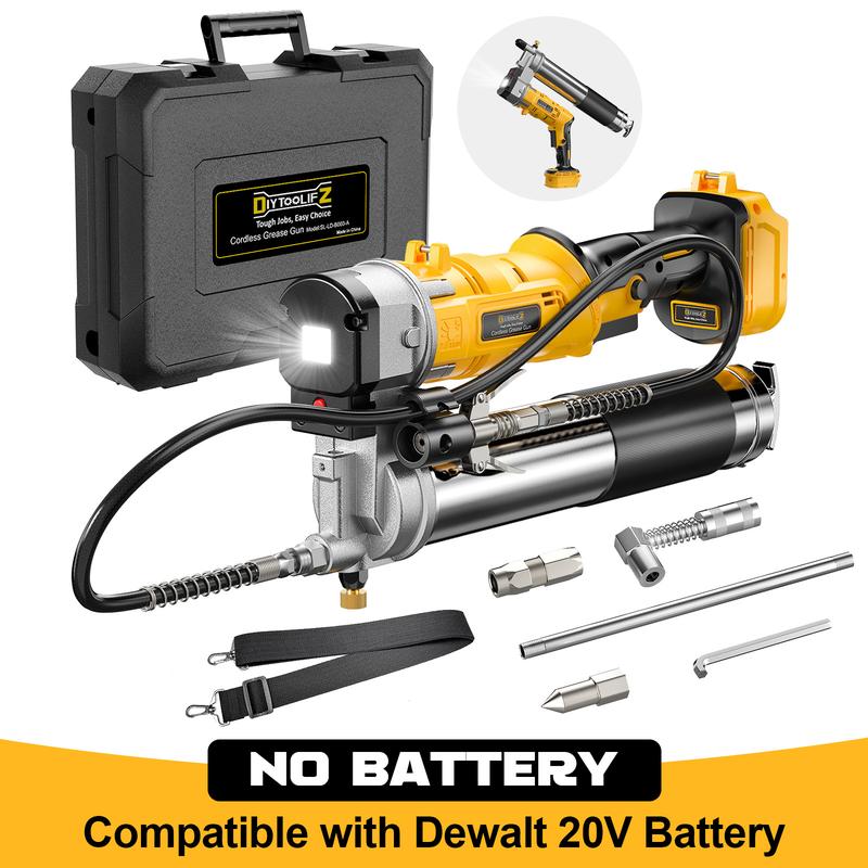 Pistola de grasa inalámbrica compatible con baterías DeWalt/Milwaukee (sin batería), presión de 12000 PSI, diseño con agarre doble tipo pistola y en línea, compatible con grasa a granel y cartuchos, incluye manguera de 39" y 4 acopladores.