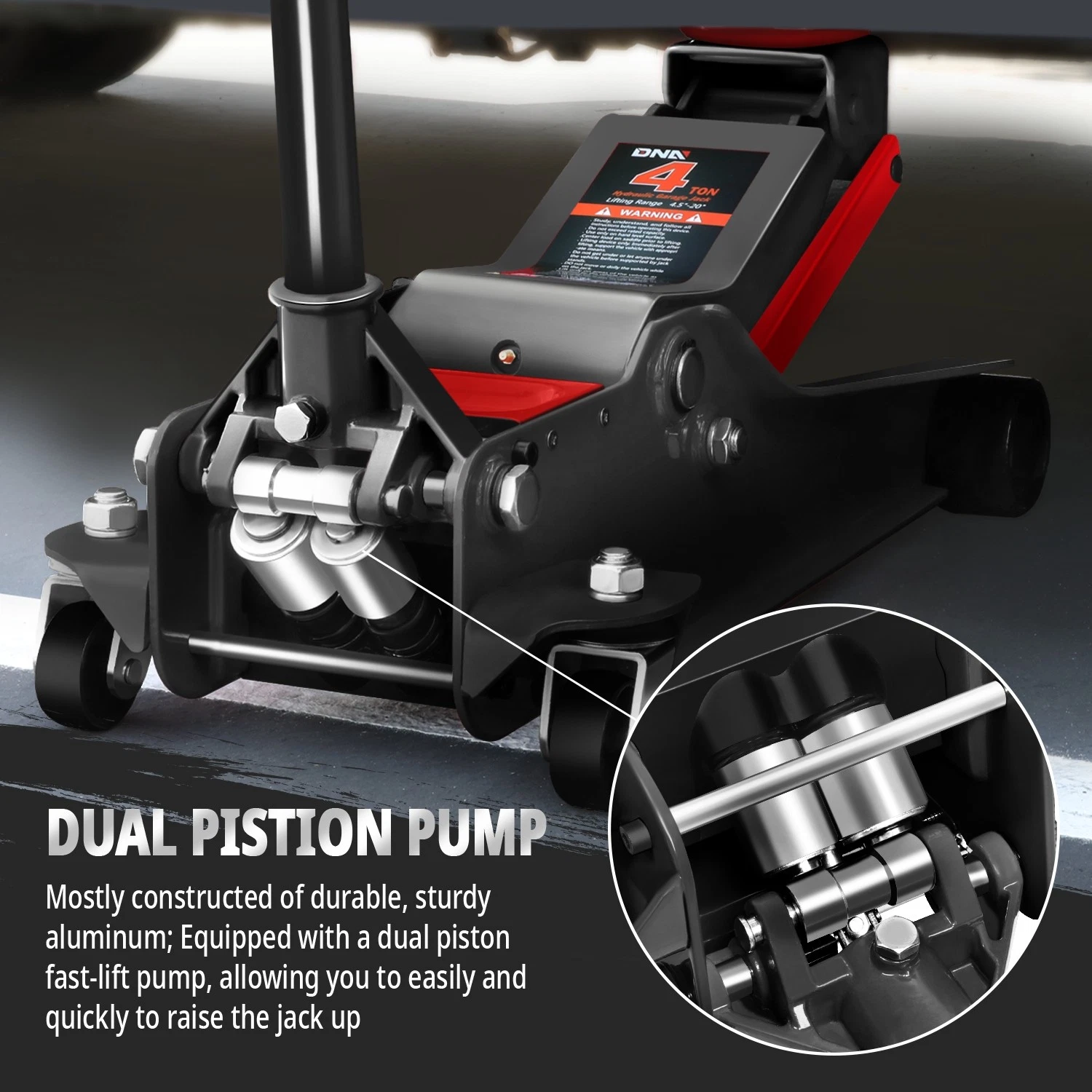 Gato hidráulico de piso de perfil bajo 3/4 toneladas – Levantamiento rápido, doble pistón, rango 8.5–50 cm, certificado GS, herramienta automotriz para reparación de coches