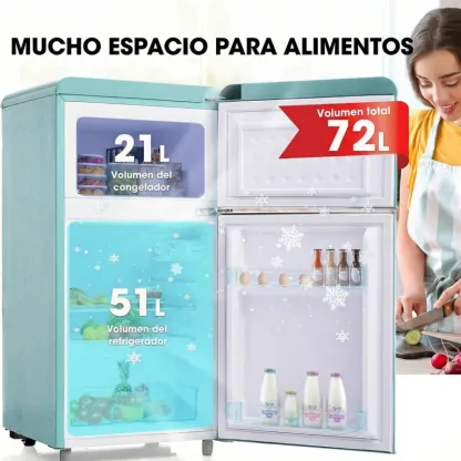 Refrigerador Retro Doble Puerta — 72L, Congelador 21L, Clase E, LED, 39 dB