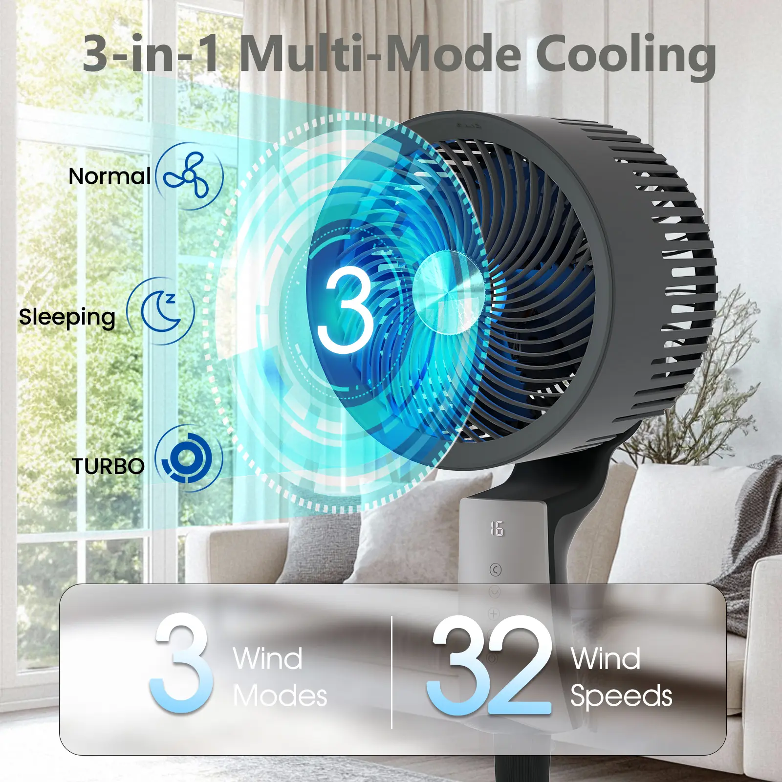 Ventilador de pedestal de alta velocidad con control remoto, 32 velocidades, 3 modos y temporizador 12H